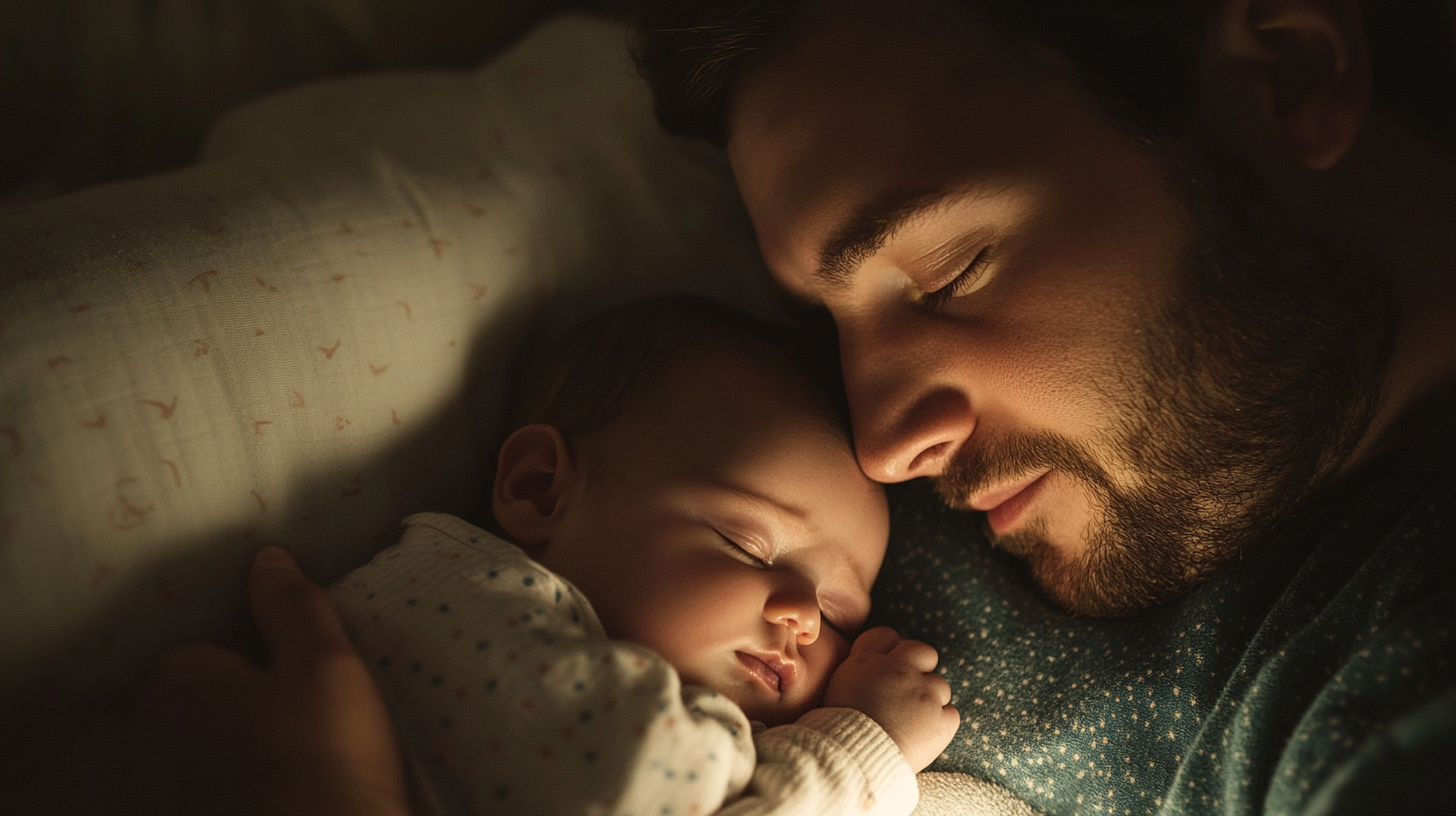 Ojciec śpiący z chorym dzieckiem.