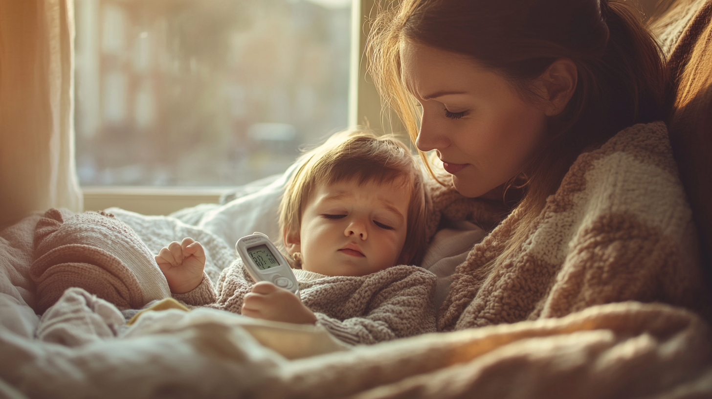 Kobieta mierząca temperaturę swojemu dziecku.