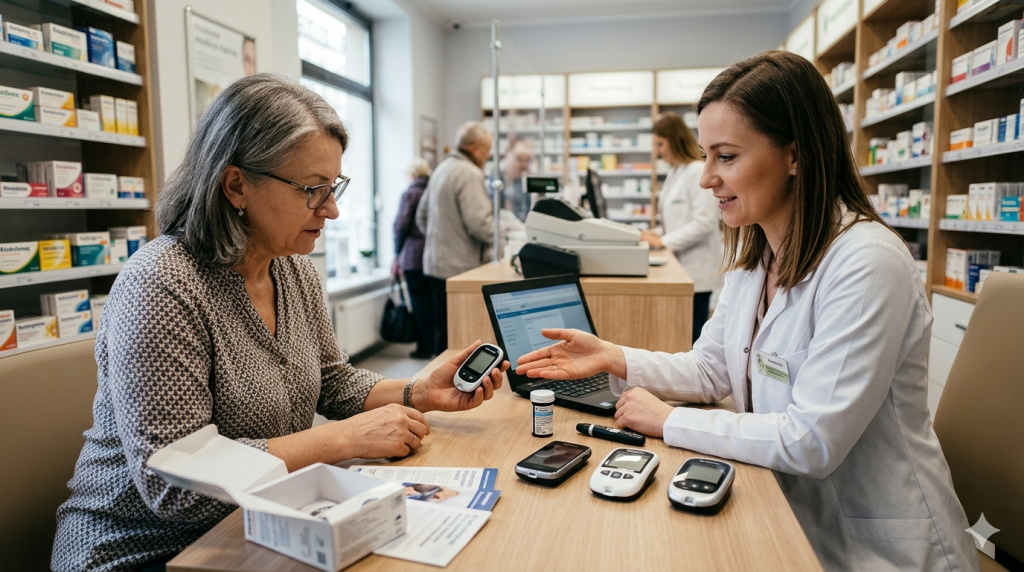 Na tym zdjęciu widać konkretną, realistyczną sytuację: starsza pacjentka konsultuje się z farmaceutką w aptece w sprawie wyboru glukometru