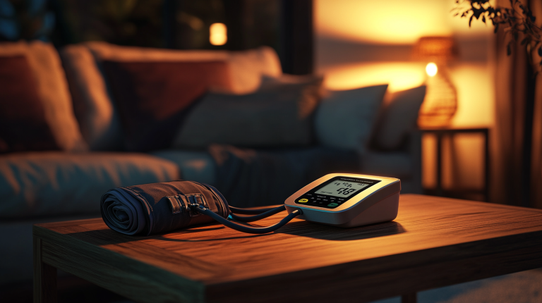 Ciśnieniomierz na drewnianym stole.