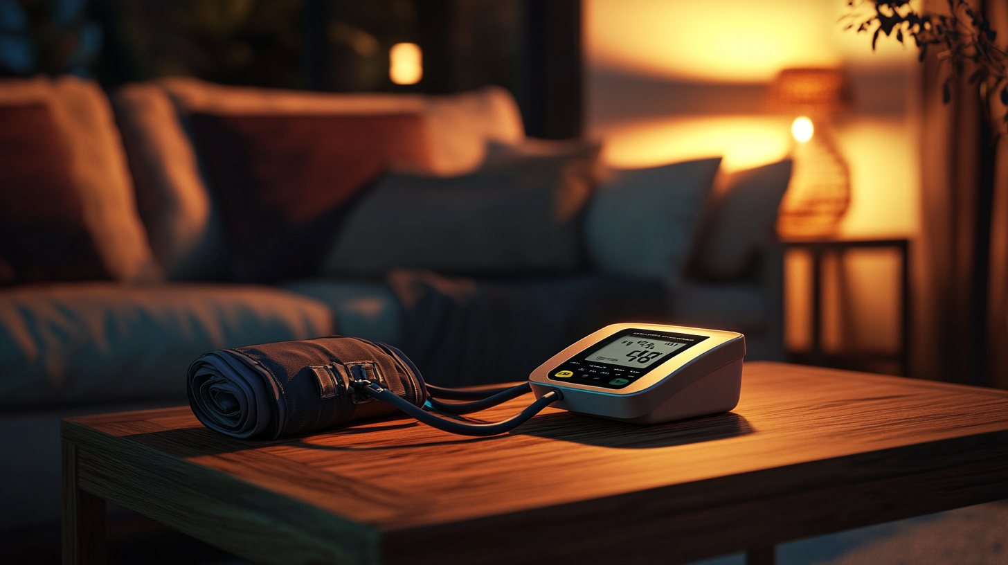 Ciśnieniomierz na drewnianym stole.