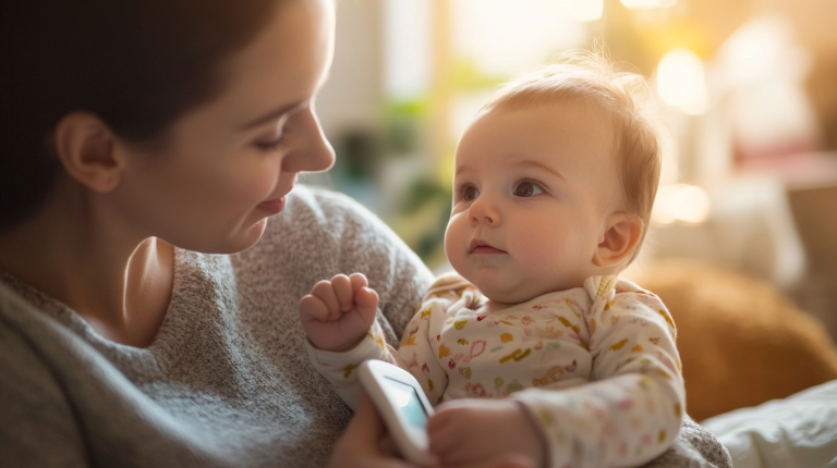 Matka próbująca zmierzyć temperaturę swojemu dziecku.