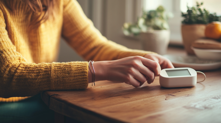 Kobieta mająca zamiar zmierzyć ciśnienie ciśnieniomierzem.