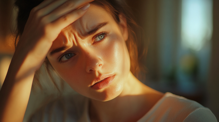 Kobieta sprawdzająca temperaturę swojego ciała ręką.