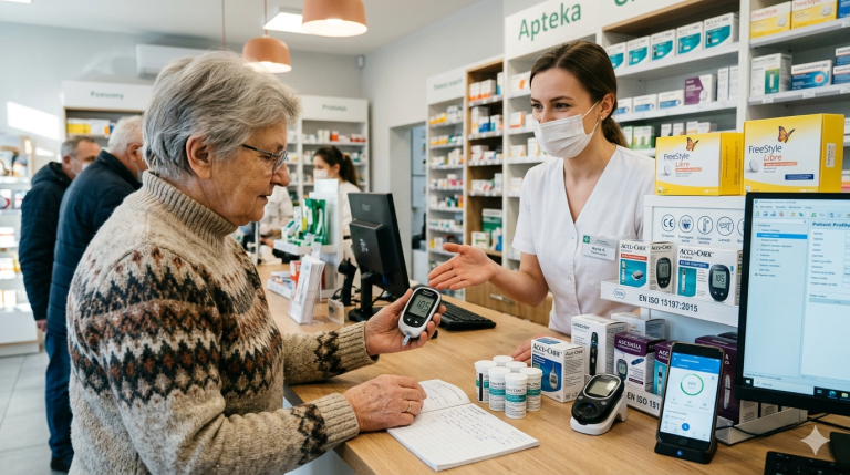 Na obrazie widać scenę w jasnej, nowoczesnej aptece, w której farmaceutka pomaga starszej kobiecie w wyborze i obsłudze glukometru